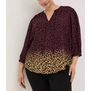 Torrid Leopard Ombre Blouse Womens Size 3X Plum Gold Georgette Bow Tie Tunic Top